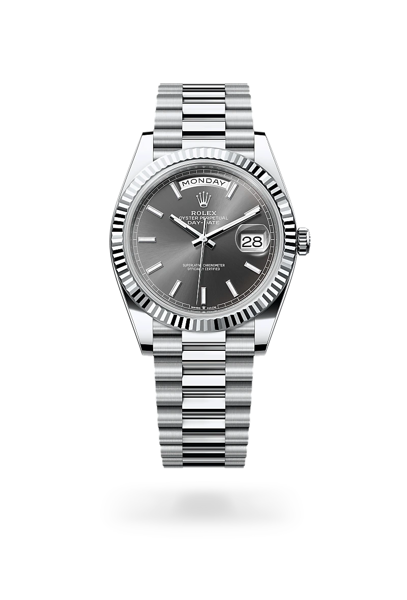 Rolex Day-Date 40 in Platinum with a Slate dial, Fluted bezel, President, semi-circular three-piece links bracelet