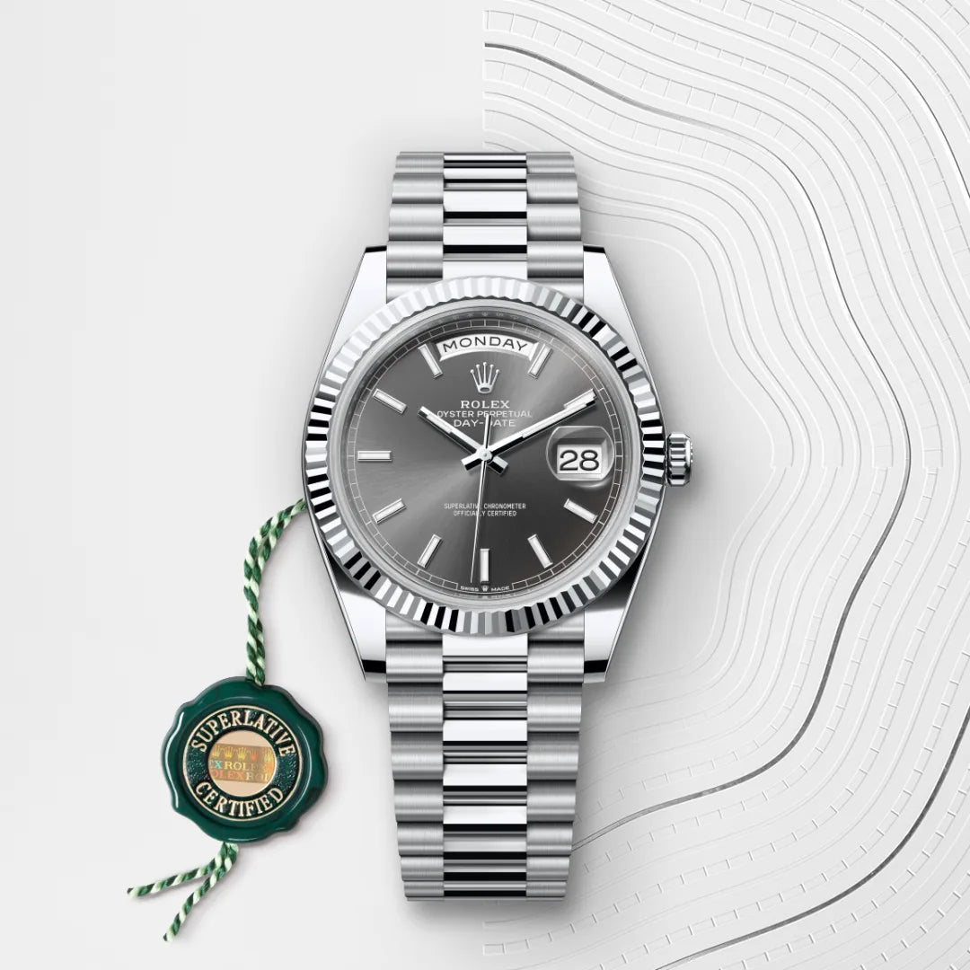 Rolex Day-Date 40 in Platinum with a Slate dial, Fluted bezel, President, semi-circular three-piece links bracelet