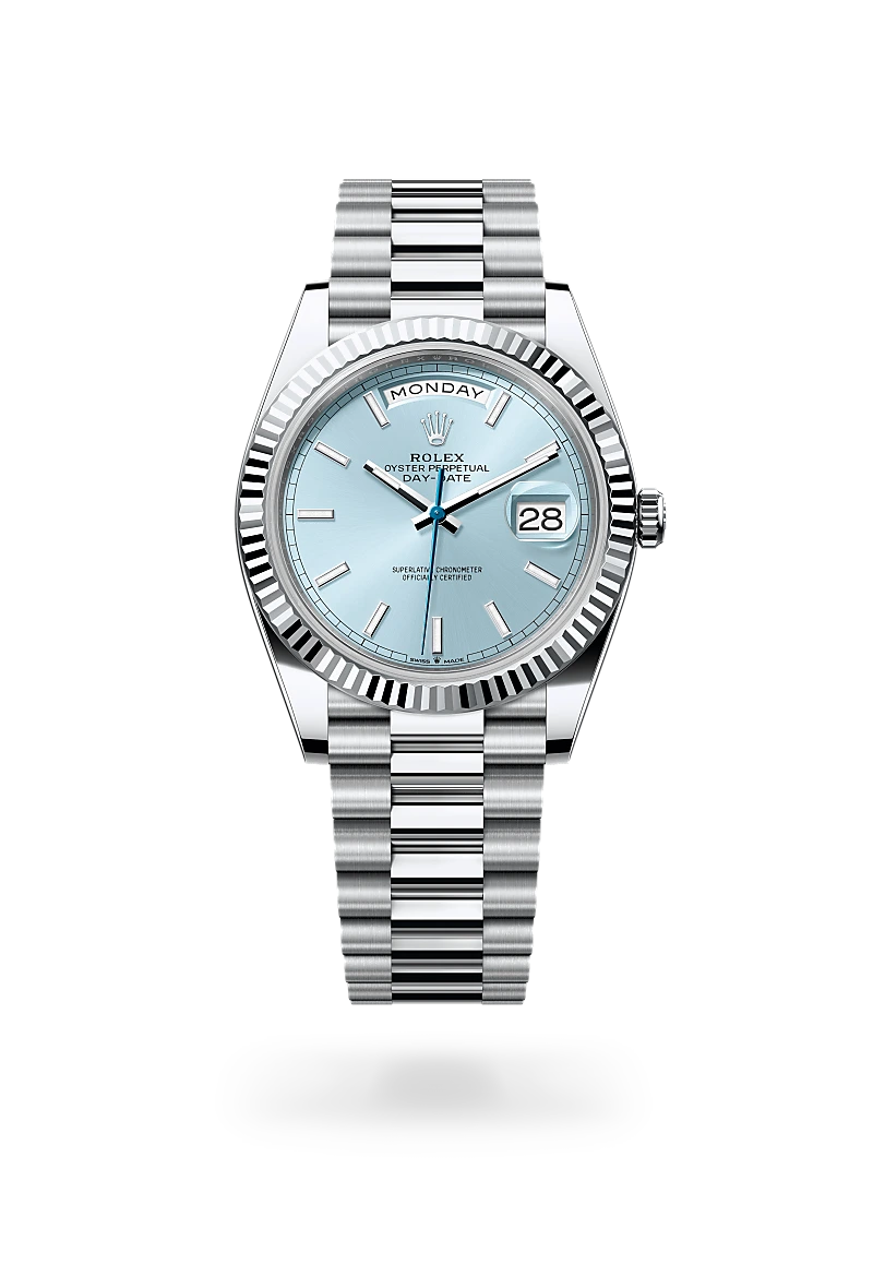 Rolex Day-Date 40 in Platinum with a Ice blue dial, Fluted bezel, President, semi-circular three-piece links bracelet