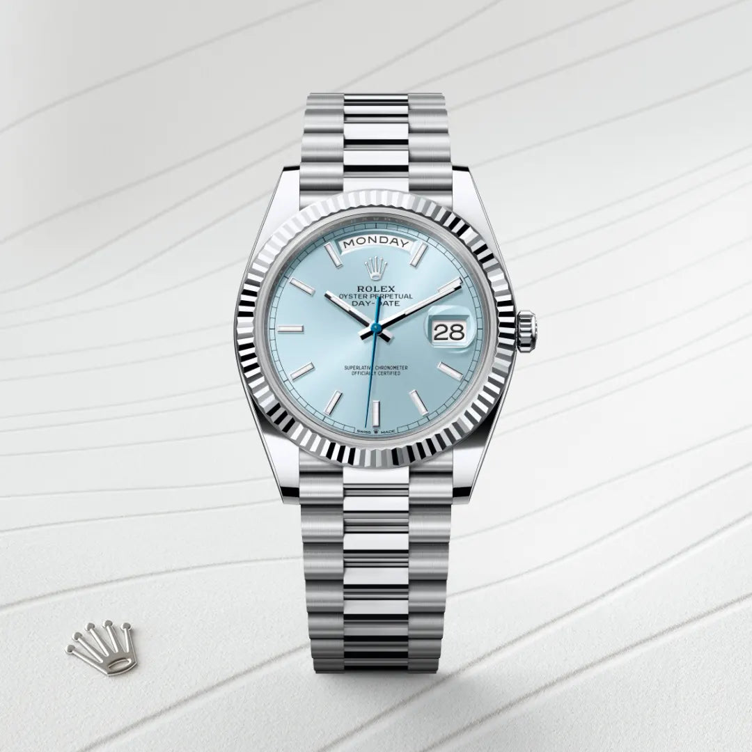 Rolex Day-Date 40 in Platinum with a Ice blue dial, Fluted bezel, President, semi-circular three-piece links bracelet