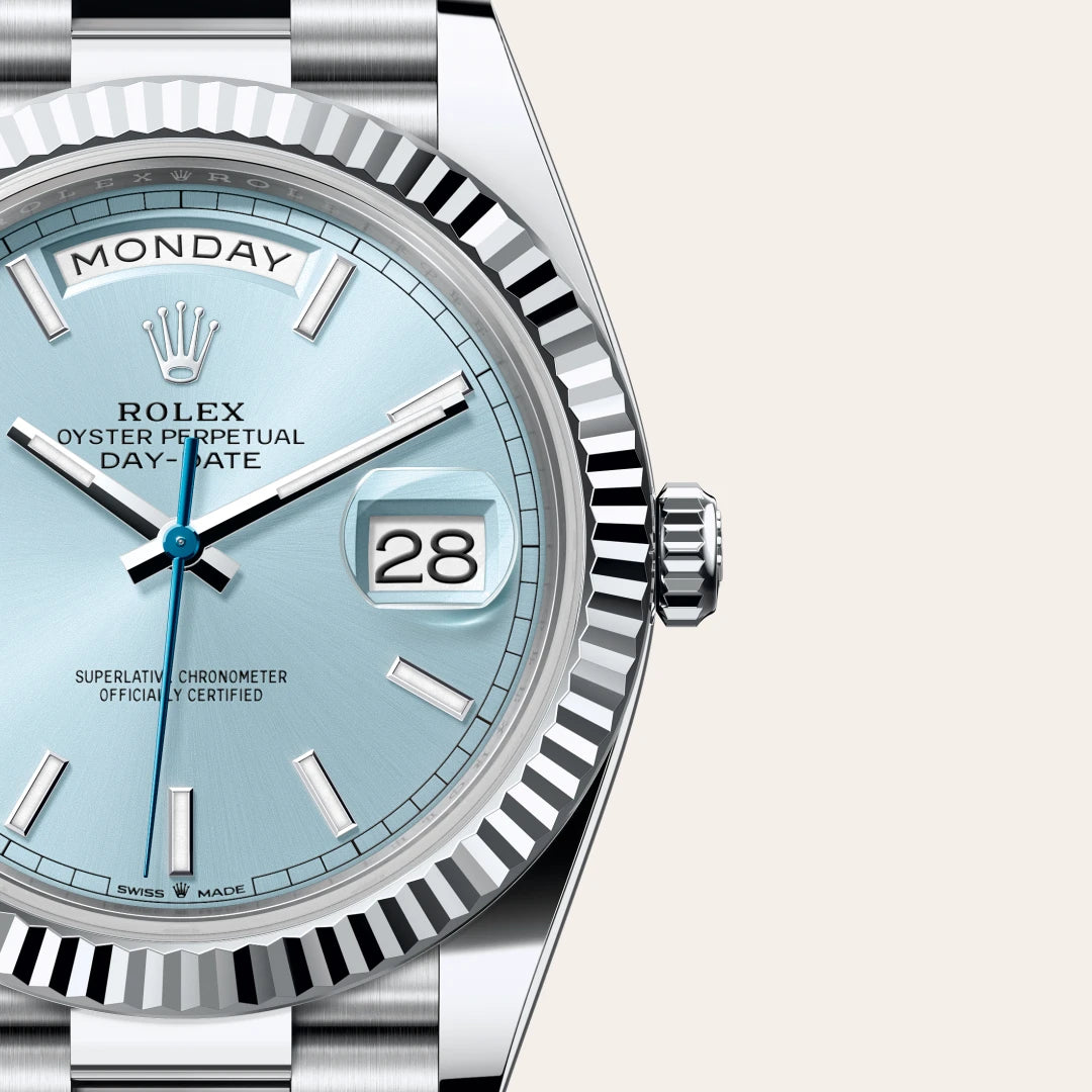 Rolex Day-Date 40 in Platinum with a Ice blue dial, Fluted bezel, President, semi-circular three-piece links bracelet