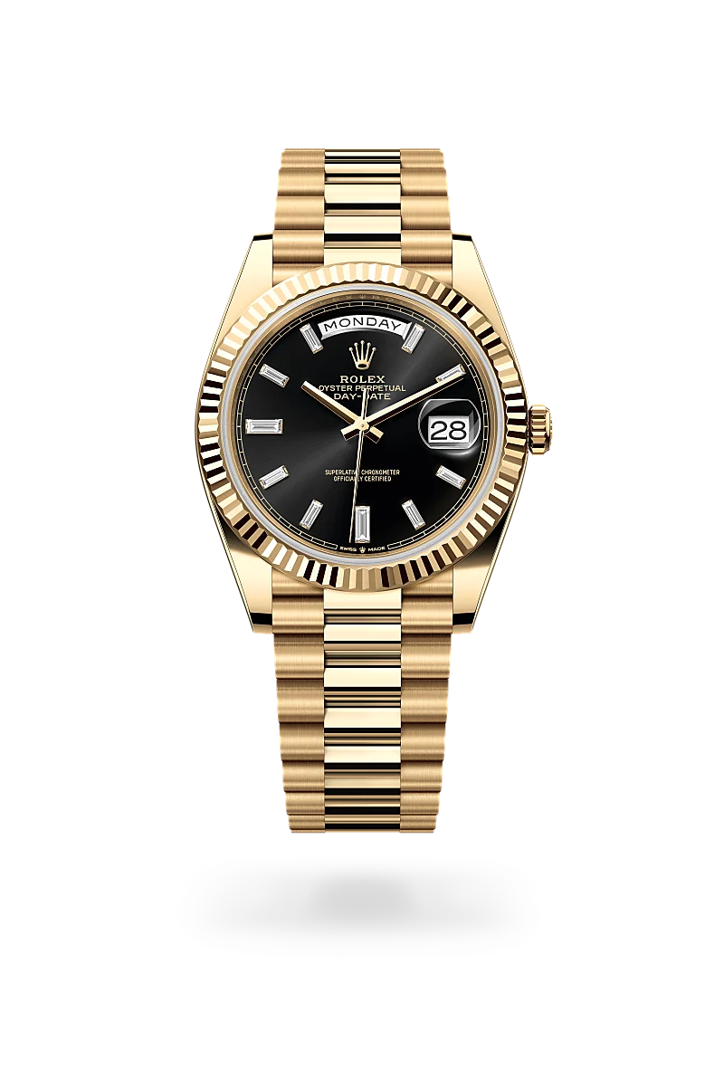 Rolex Day-Date 40 in 18 ct yellow gold with a Bright black set with diamonds dial, Fluted bezel, President, semi-circular three-piece links bracelet