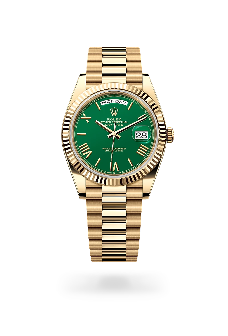 Rolex Day-Date 40 in 18 ct yellow gold with a Green dial, Fluted bezel, President, semi-circular three-piece links bracelet