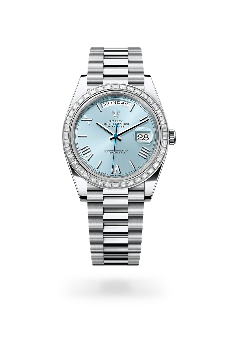 Rolex Day-Date 40 in Platinum with a Ice blue dial, Diamond-set bezel, President, semi-circular three-piece links bracelet