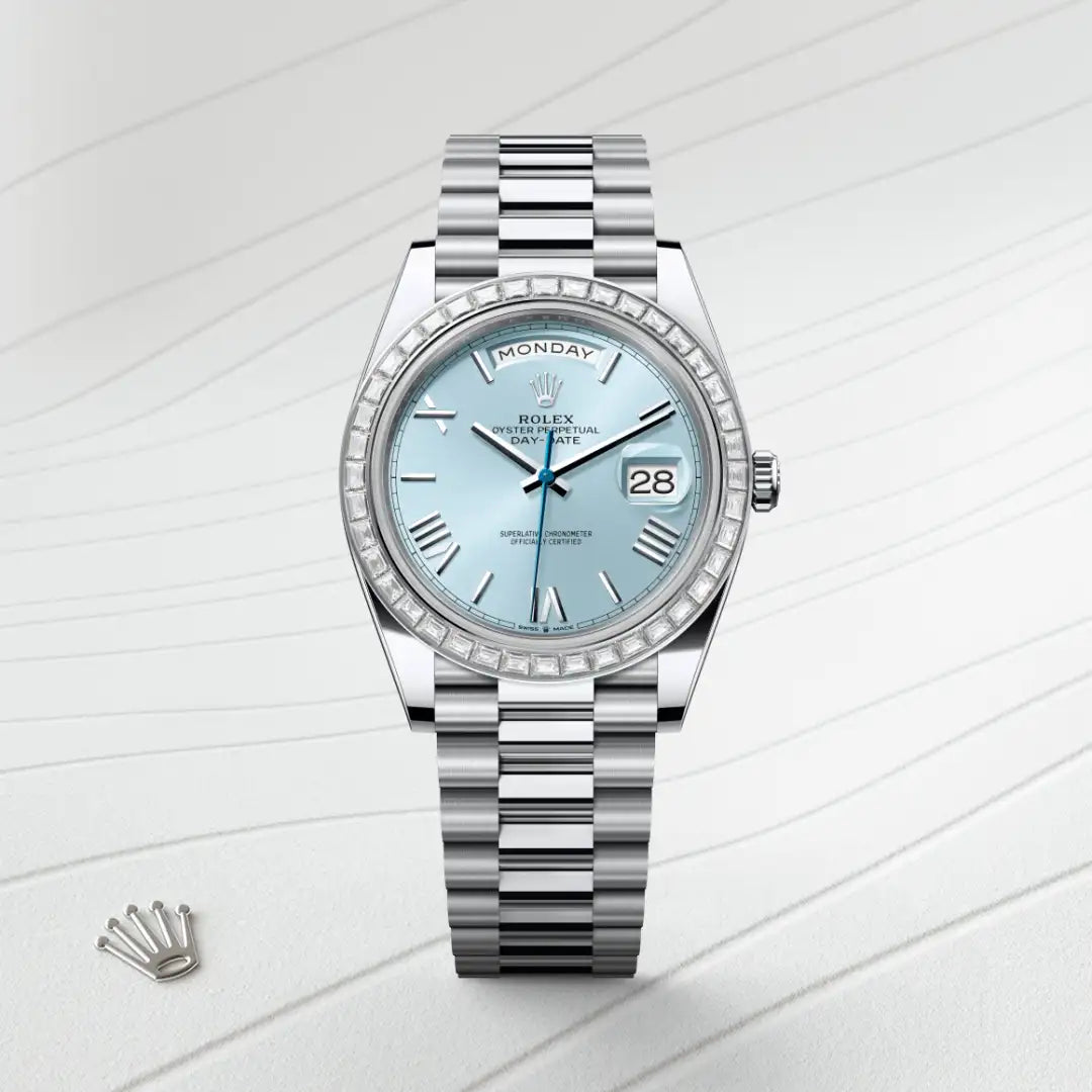Rolex Day-Date 40 in Platinum with a Ice blue dial, Diamond-set bezel, President, semi-circular three-piece links bracelet