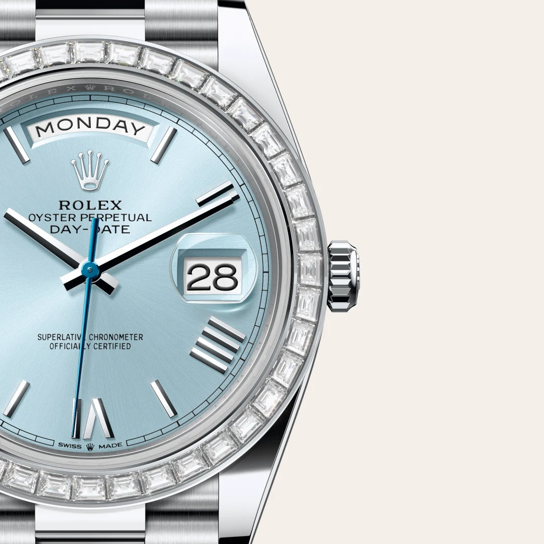 Rolex Day-Date 40 in Platinum with a Ice blue dial, Diamond-set bezel, President, semi-circular three-piece links bracelet