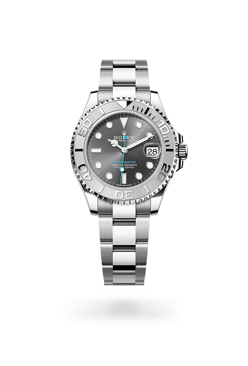Rolex Yacht-Master 37 in Rolesium - combination of Oystersteel and platinum with a Slate dial, Platinum bidirectional rotatable 60-minute graduated with raised numerals bezel, Oyster, three-piece solid links bracelet