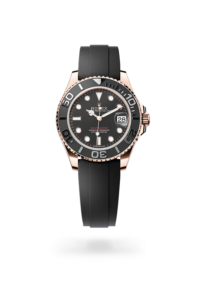 Rolex Yacht-Master 37 in 18 ct Everose gold with a Intense black dial, Bidirectional rotatable 60-minute graduated bezel with matt black Cerachrom insert in ceramic, polished raised numerals and graduations bezel, Oysterflex bracelet