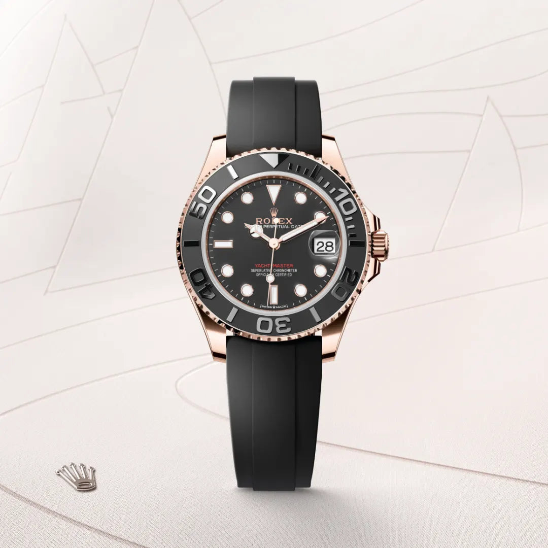 Rolex Yacht-Master 37 in 18 ct Everose gold with a Intense black dial, Bidirectional rotatable 60-minute graduated bezel with matt black Cerachrom insert in ceramic, polished raised numerals and graduations bezel, Oysterflex bracelet