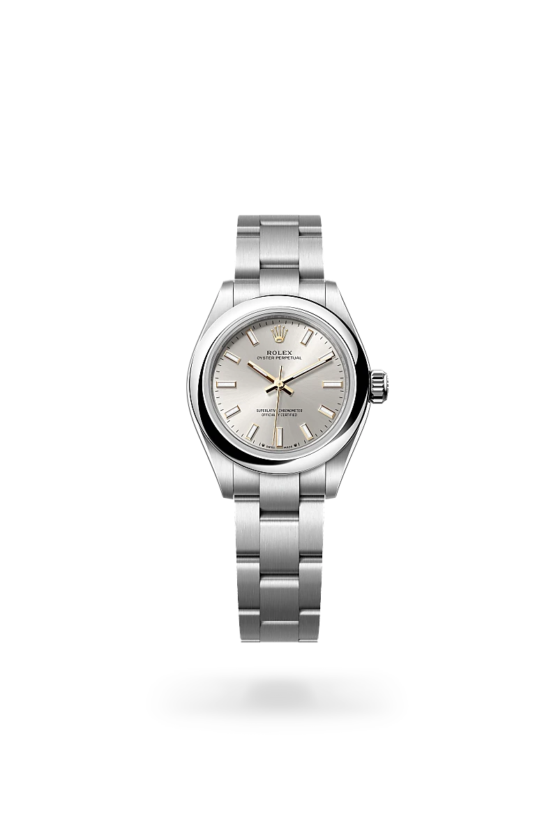 Rolex Oyster Perpetual 28 in Oystersteel with a Silver dial, Domed bezel, Oyster, three-piece solid links bracelet