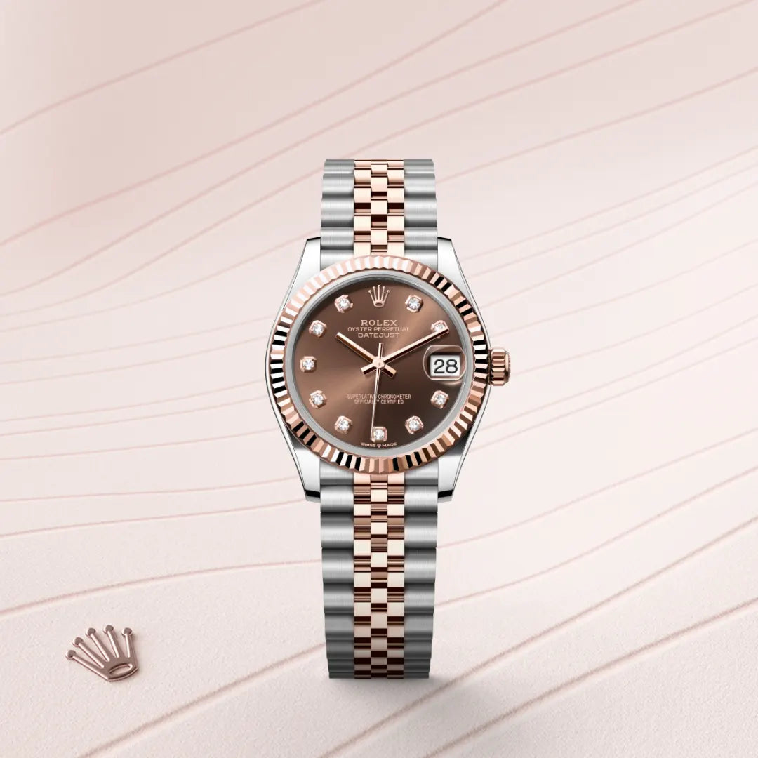Rolex Datejust 31 in Everose Rolesor - combination of Oystersteel and Everose gold with a Chocolate set with diamonds dial, Fluted bezel, Jubilee, five-piece links bracelet