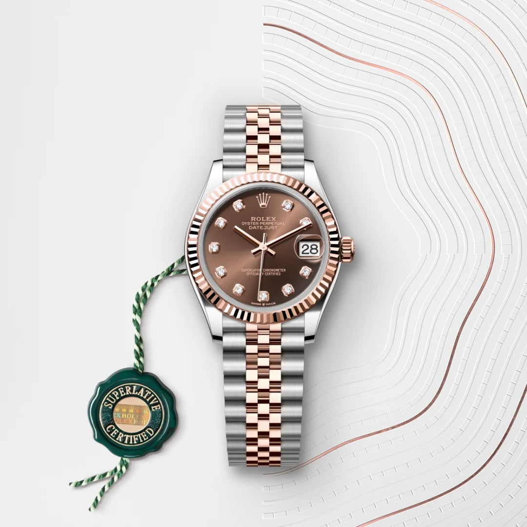 Rolex Datejust 31 in Everose Rolesor - combination of Oystersteel and Everose gold with a Chocolate set with diamonds dial, Fluted bezel, Jubilee, five-piece links bracelet