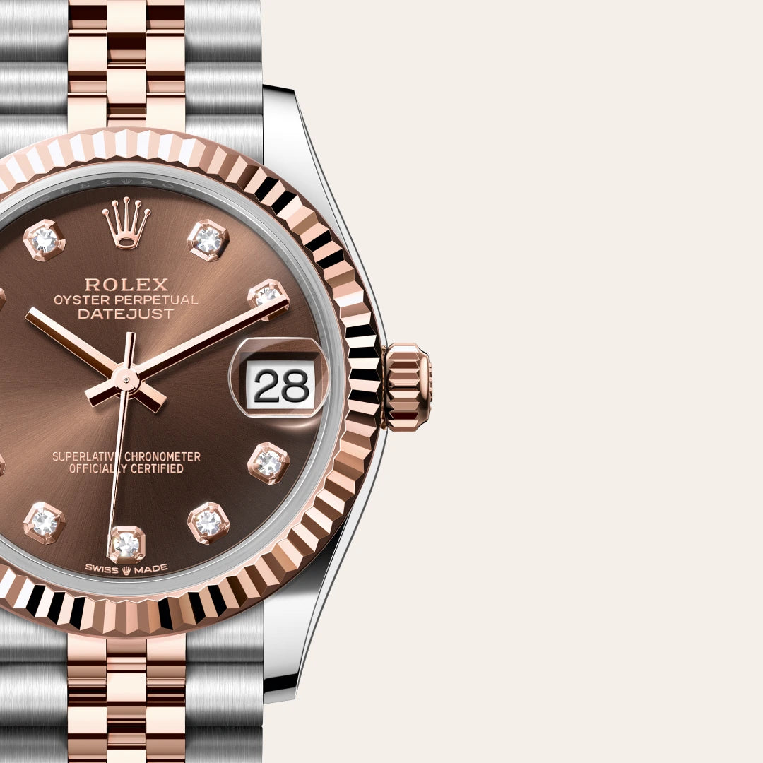 Rolex Datejust 31 in Everose Rolesor - combination of Oystersteel and Everose gold with a Chocolate set with diamonds dial, Fluted bezel, Jubilee, five-piece links bracelet