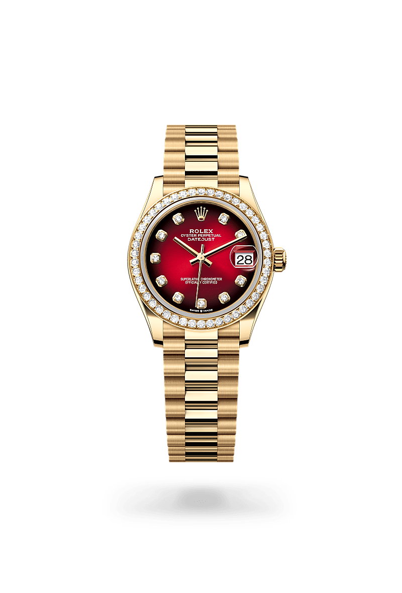 Rolex Datejust 31 in 18 ct yellow gold with a Red ombré set with diamonds dial, Set with diamonds bezel, President, semi-circular three-piece links bracelet