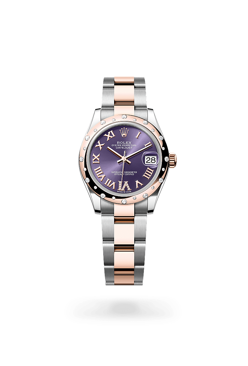 Rolex Datejust 31 in Everose Rolesor - combination of Oystersteel and Everose gold with a Aubergine set with diamonds dial, Domed, set with diamonds bezel, Oyster, three-piece solid links bracelet