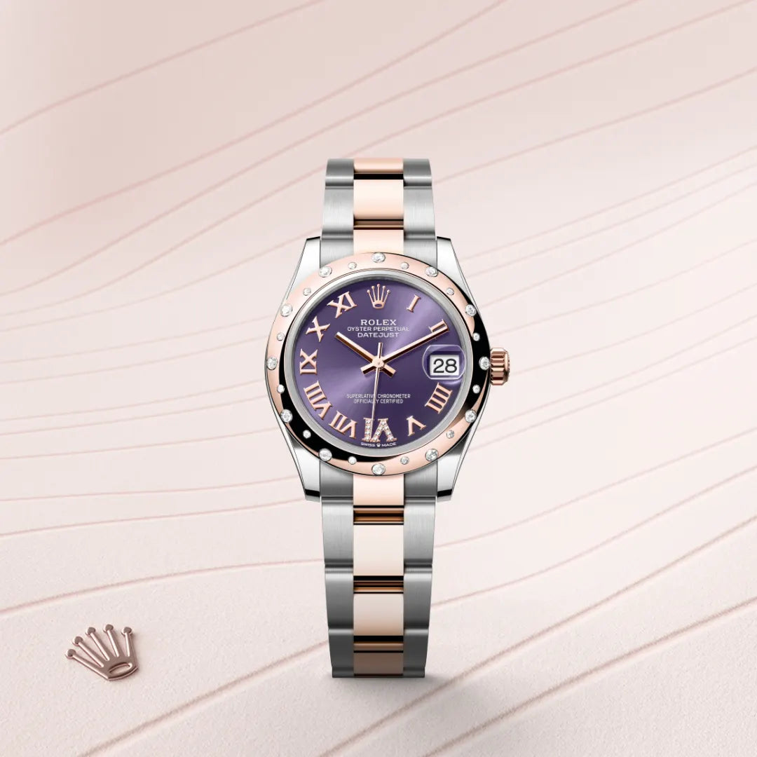 Rolex Datejust 31 in Everose Rolesor - combination of Oystersteel and Everose gold with a Aubergine set with diamonds dial, Domed, set with diamonds bezel, Oyster, three-piece solid links bracelet