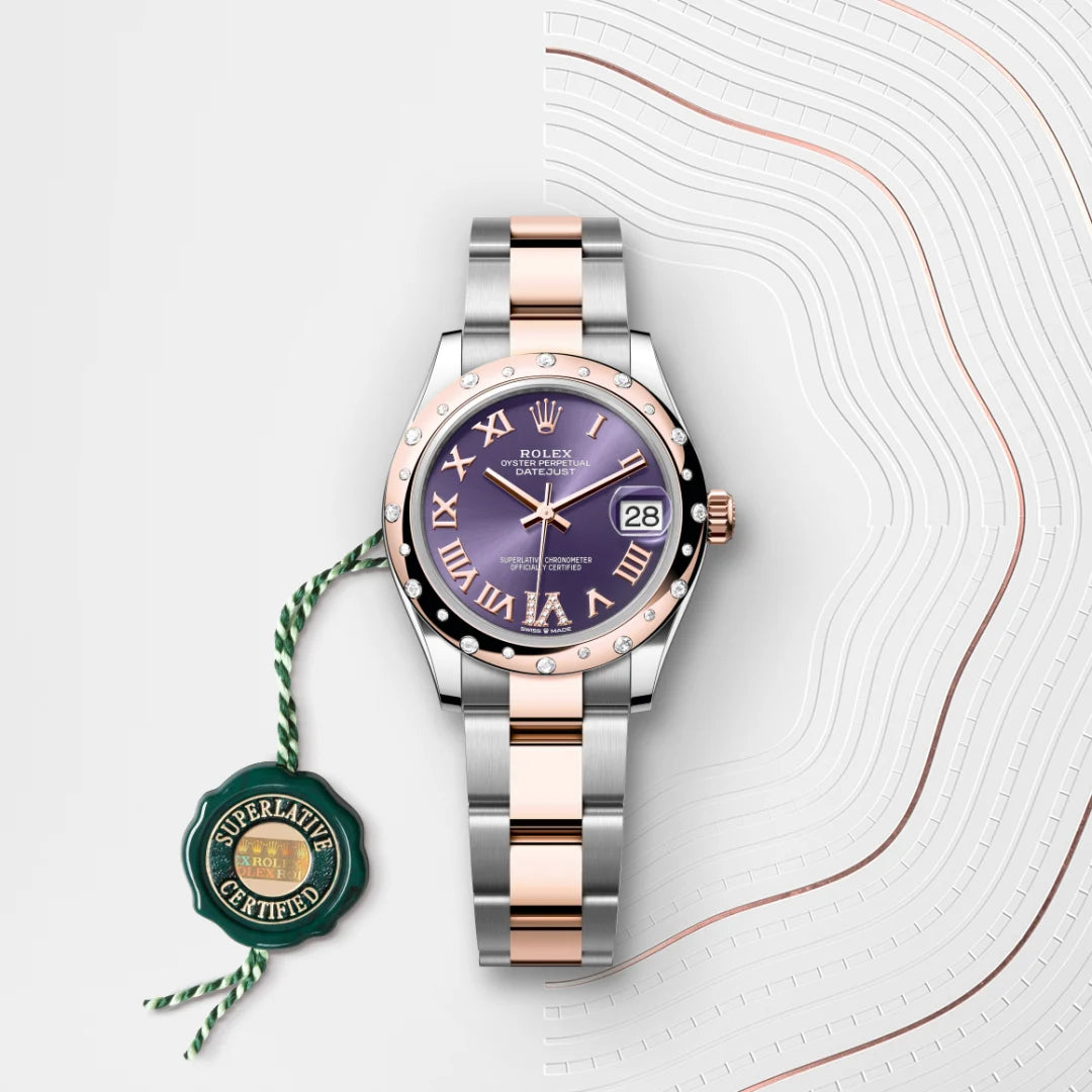 Rolex Datejust 31 in Everose Rolesor - combination of Oystersteel and Everose gold with a Aubergine set with diamonds dial, Domed, set with diamonds bezel, Oyster, three-piece solid links bracelet