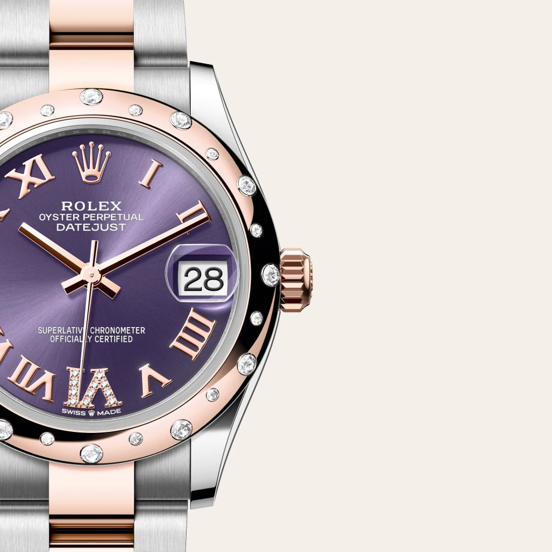Rolex Datejust 31 in Everose Rolesor - combination of Oystersteel and Everose gold with a Aubergine set with diamonds dial, Domed, set with diamonds bezel, Oyster, three-piece solid links bracelet