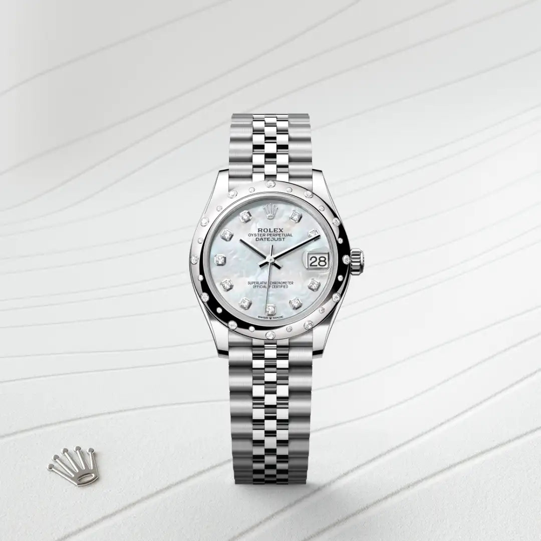 Rolex Datejust 31 in White Rolesor - combination of Oystersteel and white gold with a White mother-of-pearl set with diamonds dial, Domed, set with diamonds bezel, Jubilee, five-piece links bracelet