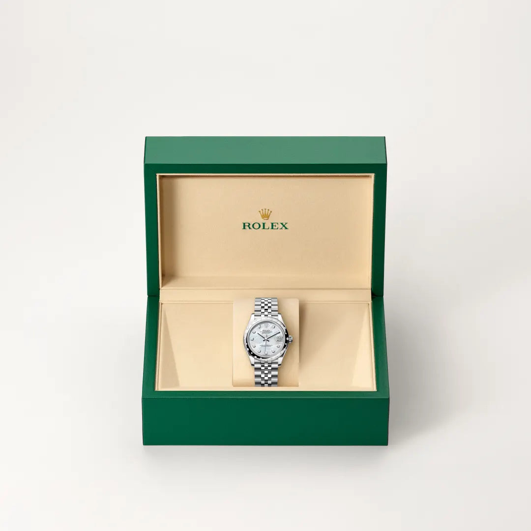 Rolex Datejust 31 in White Rolesor - combination of Oystersteel and white gold with a White mother-of-pearl set with diamonds dial, Domed, set with diamonds bezel, Jubilee, five-piece links bracelet