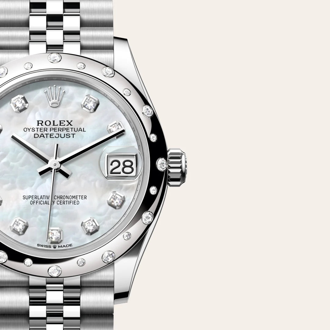 Rolex Datejust 31 in White Rolesor - combination of Oystersteel and white gold with a White mother-of-pearl set with diamonds dial, Domed, set with diamonds bezel, Jubilee, five-piece links bracelet