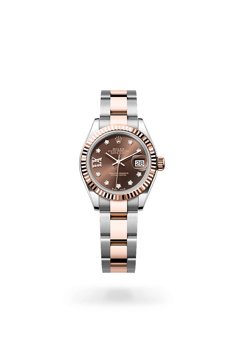 Rolex Lady-Datejust in Everose Rolesor - combination of Oystersteel and Everose gold with a Chocolate set with diamonds dial, Fluted bezel, Oyster, three-piece solid links bracelet