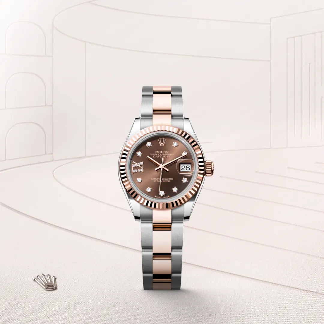 Rolex Lady-Datejust in Everose Rolesor - combination of Oystersteel and Everose gold with a Chocolate set with diamonds dial, Fluted bezel, Oyster, three-piece solid links bracelet
