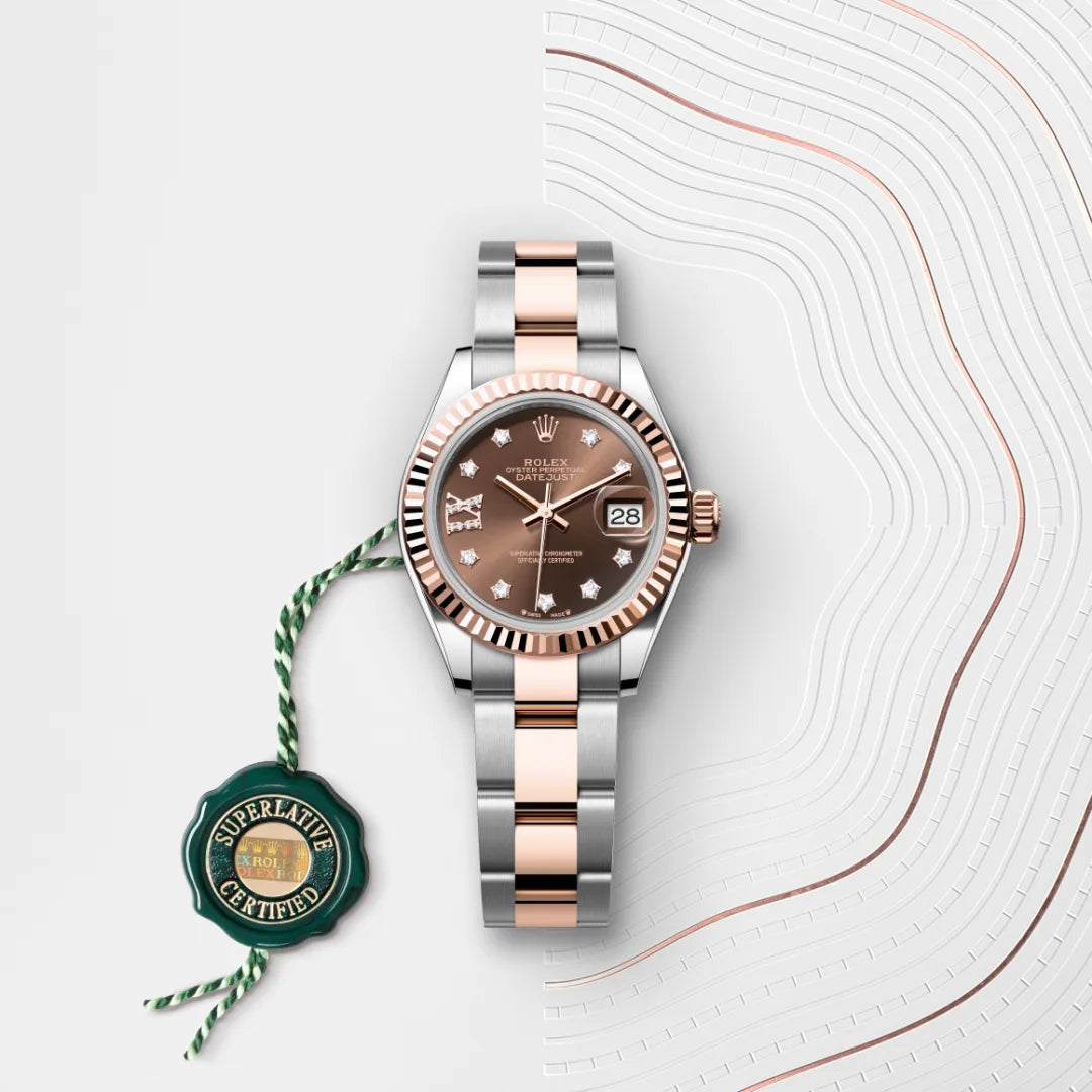 Rolex Lady-Datejust in Everose Rolesor - combination of Oystersteel and Everose gold with a Chocolate set with diamonds dial, Fluted bezel, Oyster, three-piece solid links bracelet