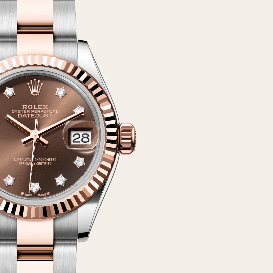 Rolex Lady-Datejust in Everose Rolesor - combination of Oystersteel and Everose gold with a Chocolate set with diamonds dial, Fluted bezel, Oyster, three-piece solid links bracelet