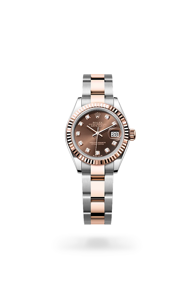 Rolex Lady-Datejust in Everose Rolesor - combination of Oystersteel and Everose gold with a Chocolate set with diamonds dial, Fluted bezel, Oyster, three-piece solid links bracelet