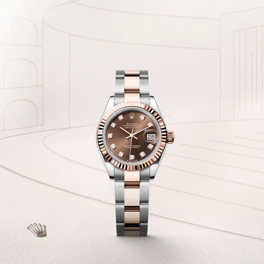 Rolex Lady-Datejust in Everose Rolesor - combination of Oystersteel and Everose gold with a Chocolate set with diamonds dial, Fluted bezel, Oyster, three-piece solid links bracelet
