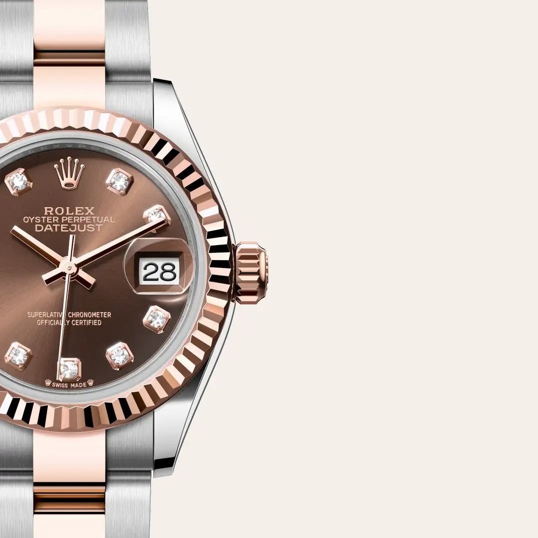 Rolex Lady-Datejust in Everose Rolesor - combination of Oystersteel and Everose gold with a Chocolate set with diamonds dial, Fluted bezel, Oyster, three-piece solid links bracelet