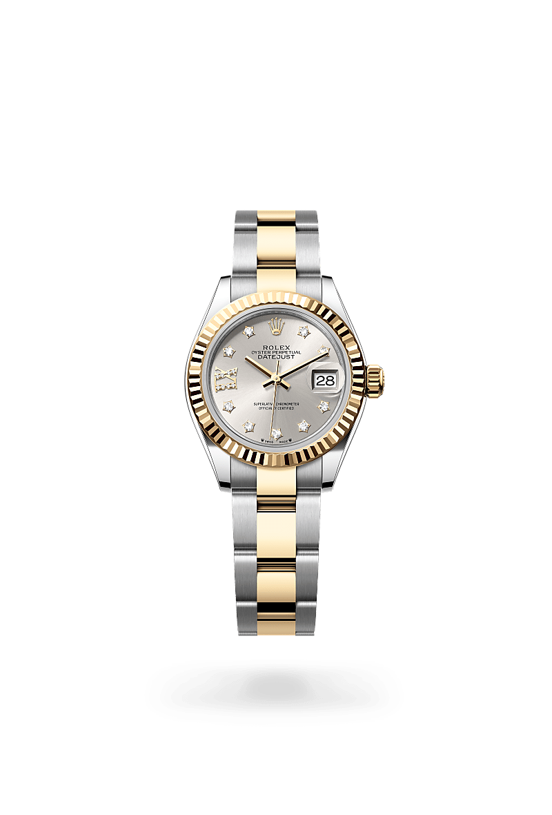 Rolex Lady-Datejust in Yellow Rolesor - combination of Oystersteel and yellow gold with a Silver set with diamonds dial, Fluted bezel, Oyster, three-piece solid links bracelet