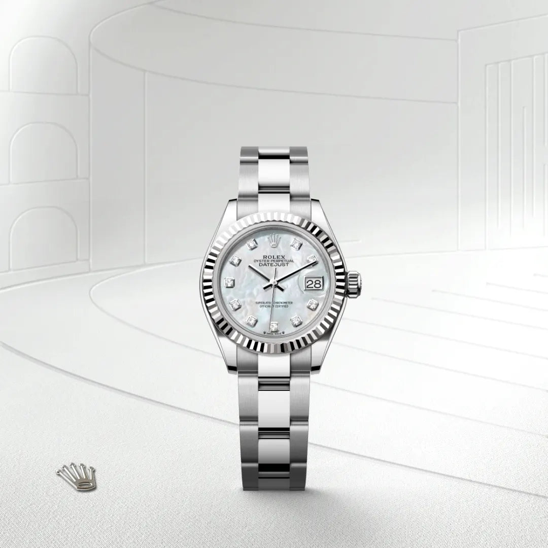 Rolex Lady-Datejust in White Rolesor - combination of Oystersteel and white gold with a White mother-of-pearl set with diamonds dial, Fluted bezel, Oyster, three-piece solid links bracelet