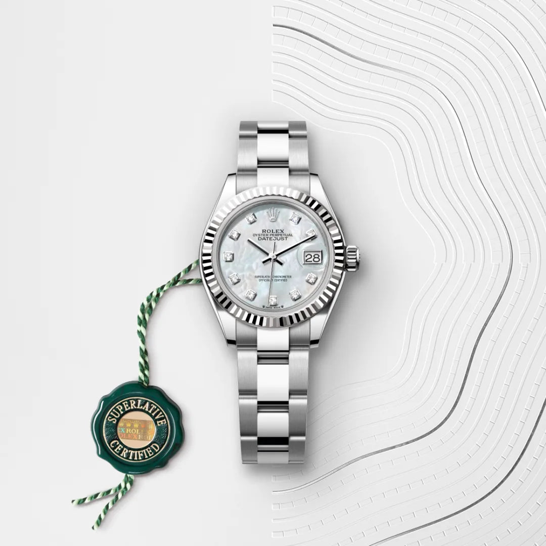 Rolex Lady-Datejust in White Rolesor - combination of Oystersteel and white gold with a White mother-of-pearl set with diamonds dial, Fluted bezel, Oyster, three-piece solid links bracelet