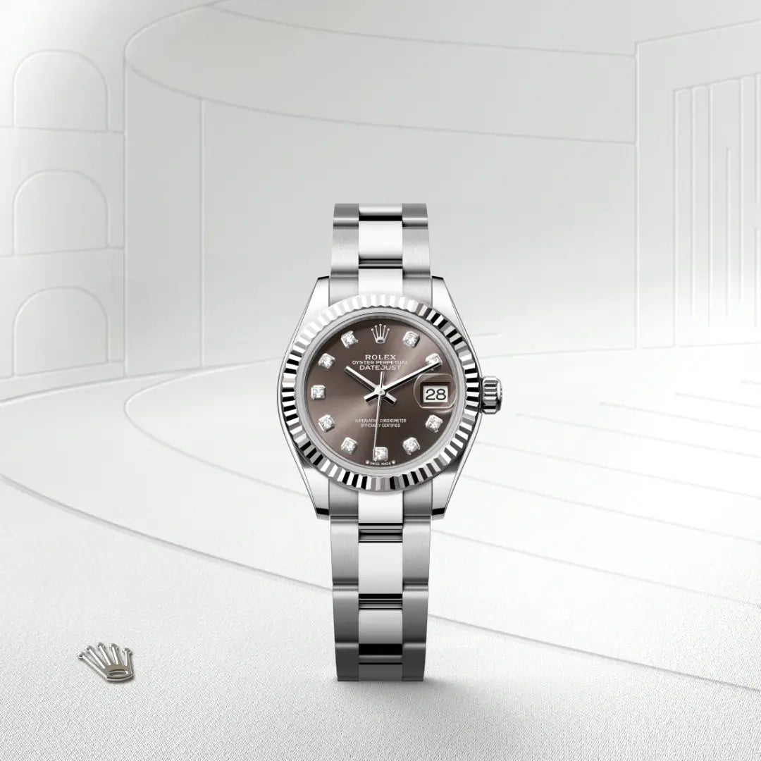 Rolex Lady-Datejust in White Rolesor - combination of Oystersteel and white gold with a Dark grey set with diamonds dial, Fluted bezel, Oyster, three-piece solid links bracelet