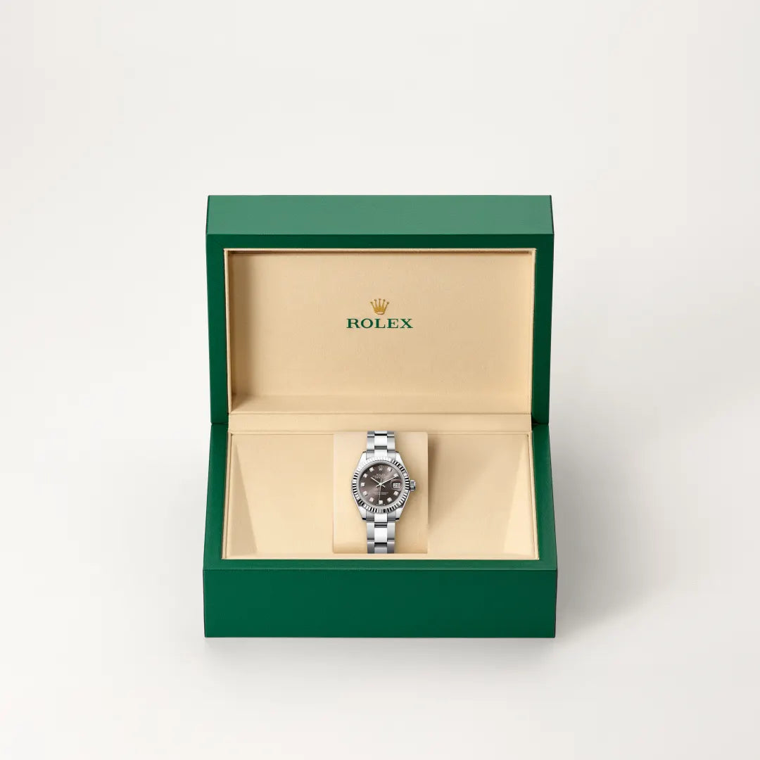 Rolex Lady-Datejust in White Rolesor - combination of Oystersteel and white gold with a Dark grey set with diamonds dial, Fluted bezel, Oyster, three-piece solid links bracelet