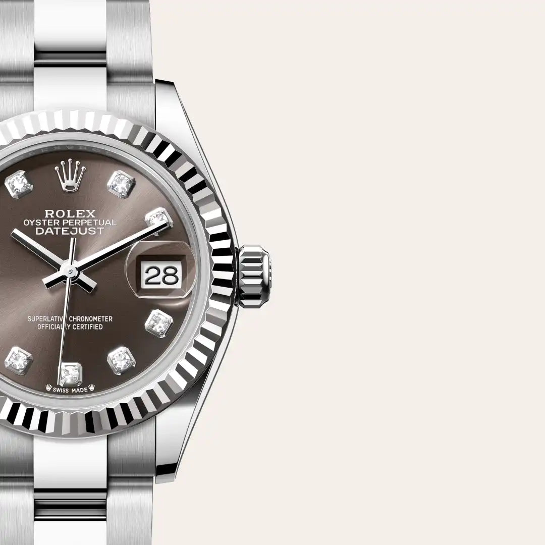 Rolex Lady-Datejust in White Rolesor - combination of Oystersteel and white gold with a Dark grey set with diamonds dial, Fluted bezel, Oyster, three-piece solid links bracelet