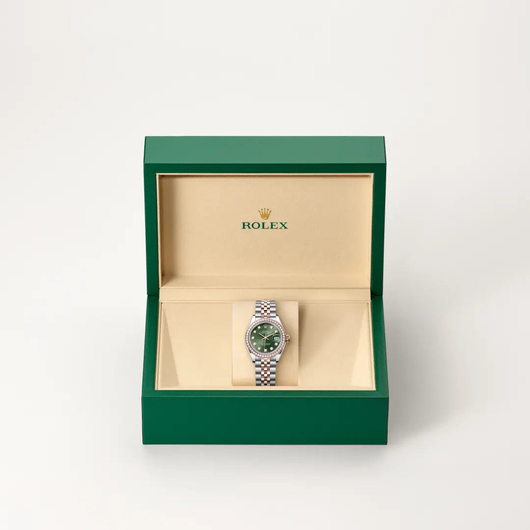 Rolex Lady-Datejust in Everose Rolesor - combination of Oystersteel and Everose gold with a Olive green set with diamonds dial, Diamond-set bezel, Jubilee, five-piece links bracelet