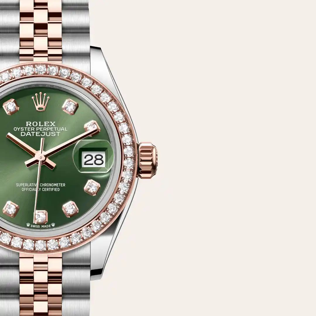 Rolex Lady-Datejust in Everose Rolesor - combination of Oystersteel and Everose gold with a Olive green set with diamonds dial, Diamond-set bezel, Jubilee, five-piece links bracelet