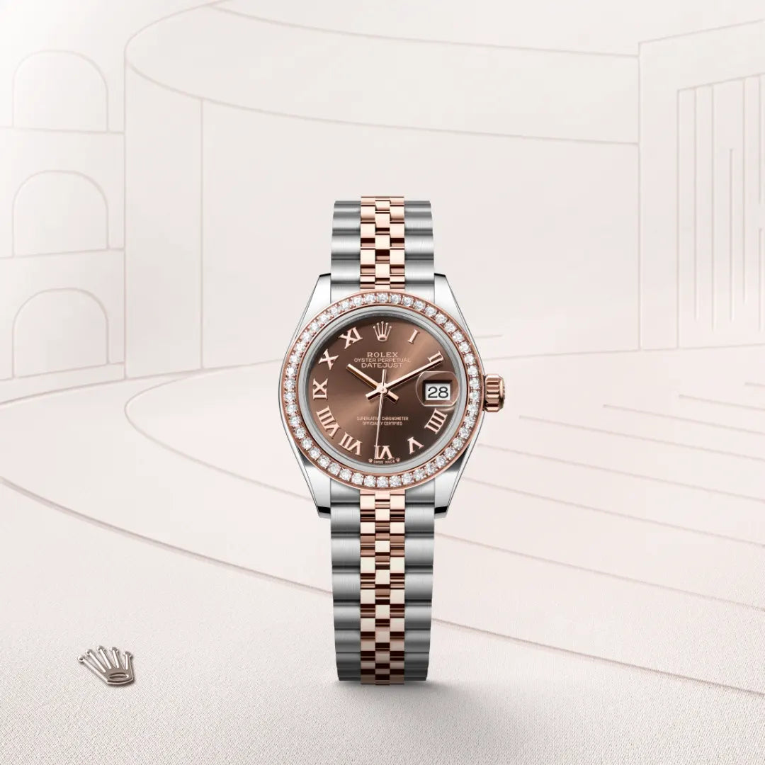 Rolex Lady-Datejust in Everose Rolesor - combination of Oystersteel and Everose gold with a Chocolate dial, Set with diamonds bezel, Jubilee, five-piece links bracelet