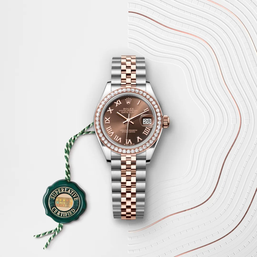 Rolex Lady-Datejust in Everose Rolesor - combination of Oystersteel and Everose gold with a Chocolate dial, Set with diamonds bezel, Jubilee, five-piece links bracelet