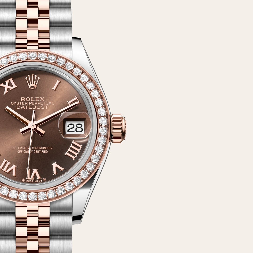 Rolex Lady-Datejust in Everose Rolesor - combination of Oystersteel and Everose gold with a Chocolate dial, Set with diamonds bezel, Jubilee, five-piece links bracelet