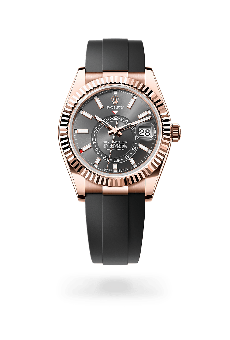 Rolex Sky-Dweller in 18 ct Everose gold with a Slate dial, Fluted, bidirectional rotatable Rolex Ring Command bezel, Oysterflex bracelet