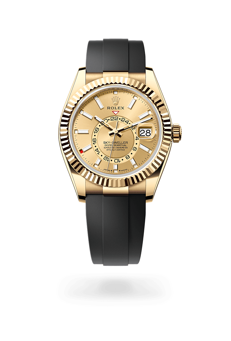 Rolex Sky-Dweller in 18 ct yellow gold with a Champagne-colour dial, Fluted, bidirectional rotatable Rolex Ring Command bezel, Oysterflex bracelet