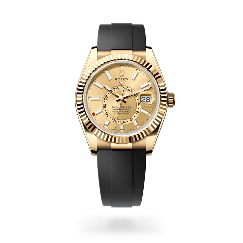 Rolex Sky-Dweller in 18 ct yellow gold with a Champagne-colour dial, Fluted, bidirectional rotatable Rolex Ring Command bezel, Oysterflex bracelet