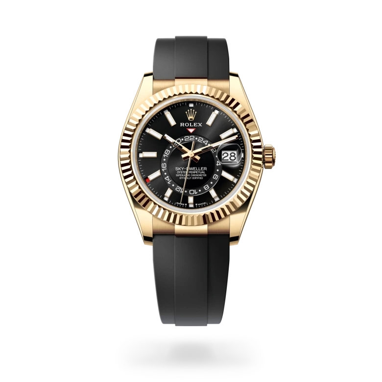 Rolex Sky-Dweller in 18 ct yellow gold with a Bright black dial, Fluted, bidirectional rotatable Rolex Ring Command bezel, Oysterflex bracelet