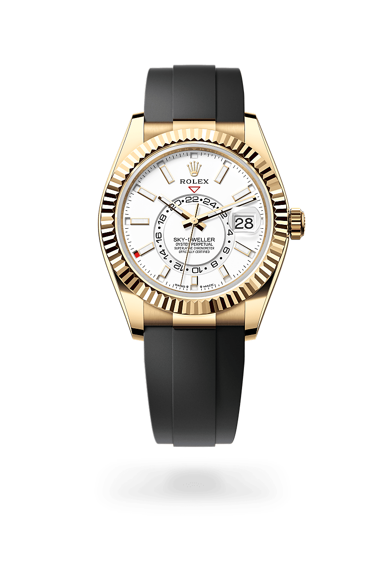 Rolex Sky-Dweller in 18 ct yellow gold with a Intense white dial, Fluted, bidirectional rotatable Rolex Ring Command bezel, Oysterflex bracelet