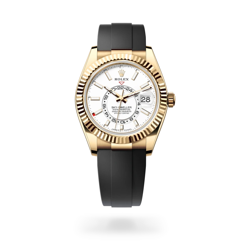 Rolex Sky-Dweller in 18 ct yellow gold with a Intense white dial, Fluted, bidirectional rotatable Rolex Ring Command bezel, Oysterflex bracelet