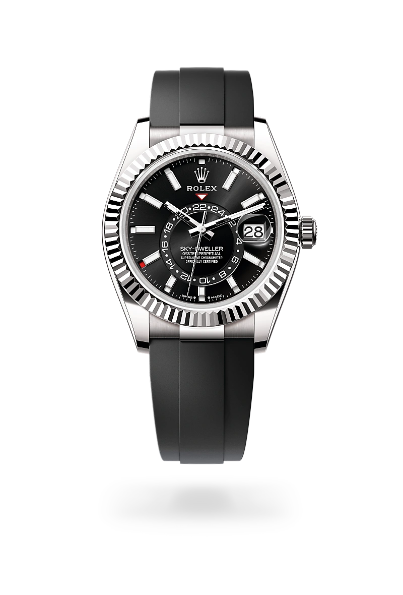 Rolex Sky-Dweller in 18 ct white gold with a Bright black dial, Fluted, bidirectional rotatable Rolex Ring Command bezel, Oysterflex bracelet